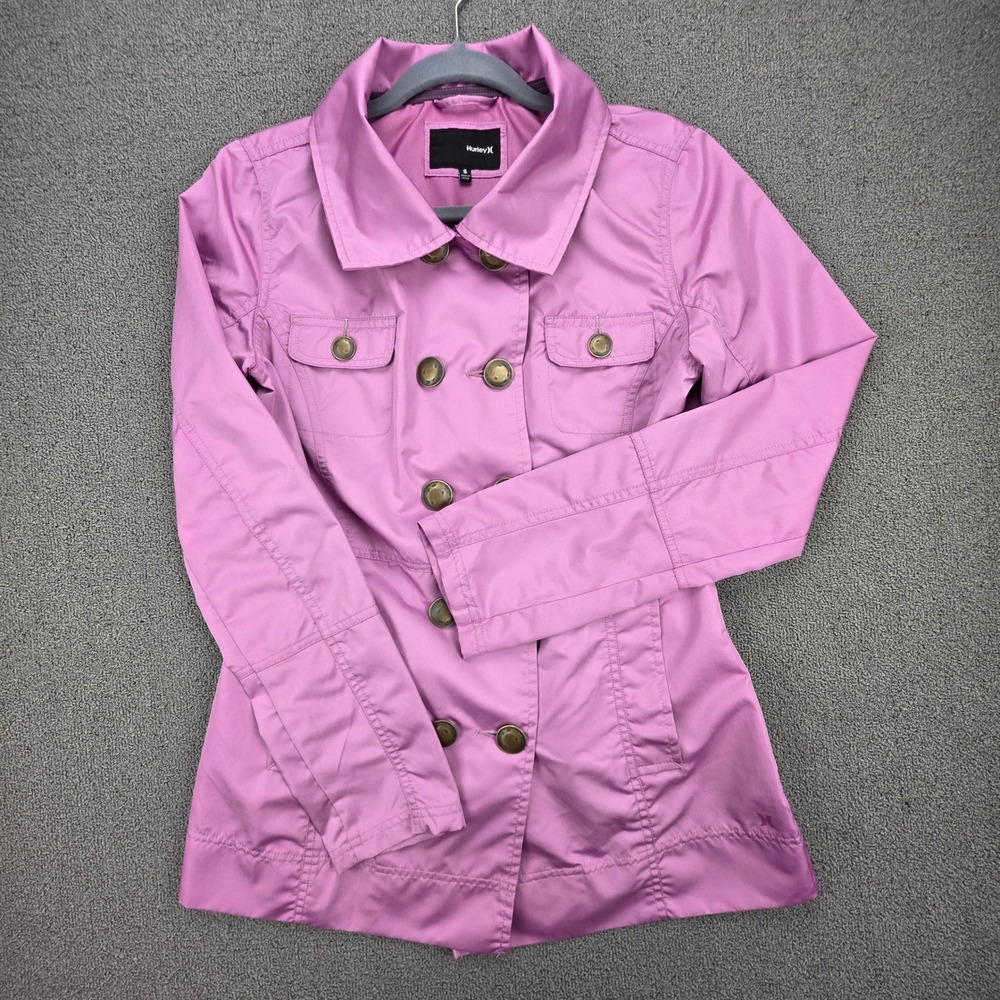 Hurley Double Breasted Jacket Women Pink Hooded Ripstop Trench Small